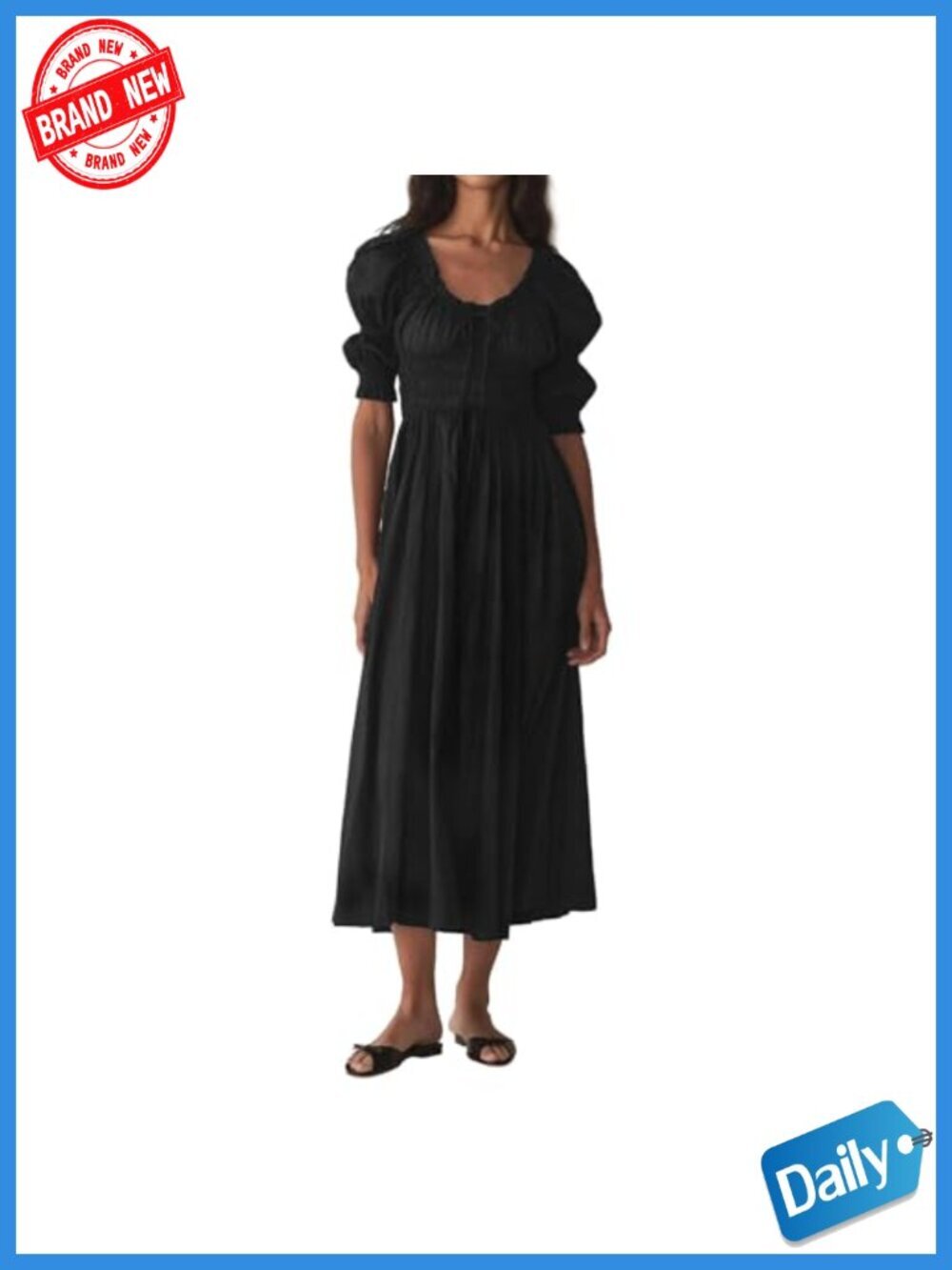 Women Smocked Midi Dress Puff Sleeve Off Shoulder Flowy